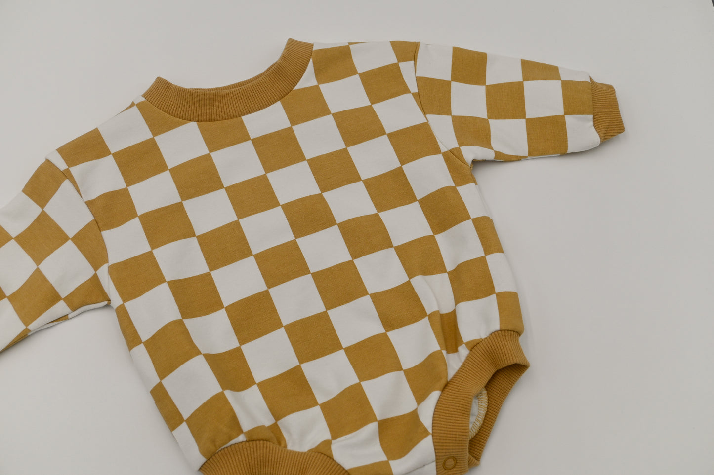 Organic Checkered Oversized Baby Bubble Romper - Sand