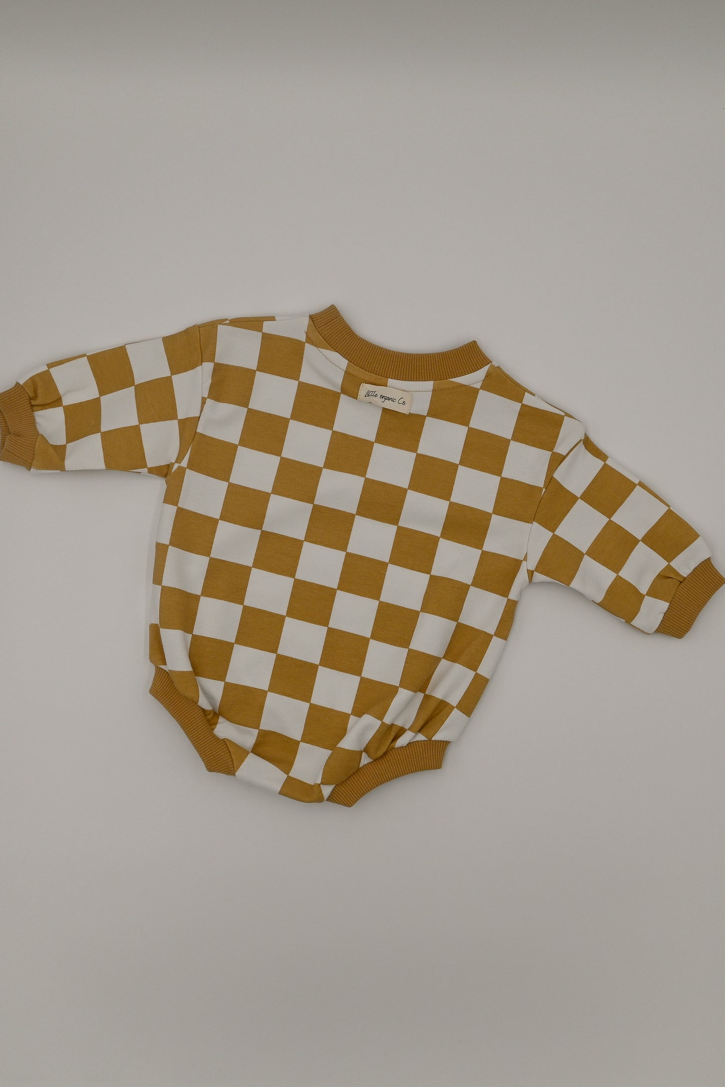 Organic Checkered Oversized Baby Bubble Romper - Sand