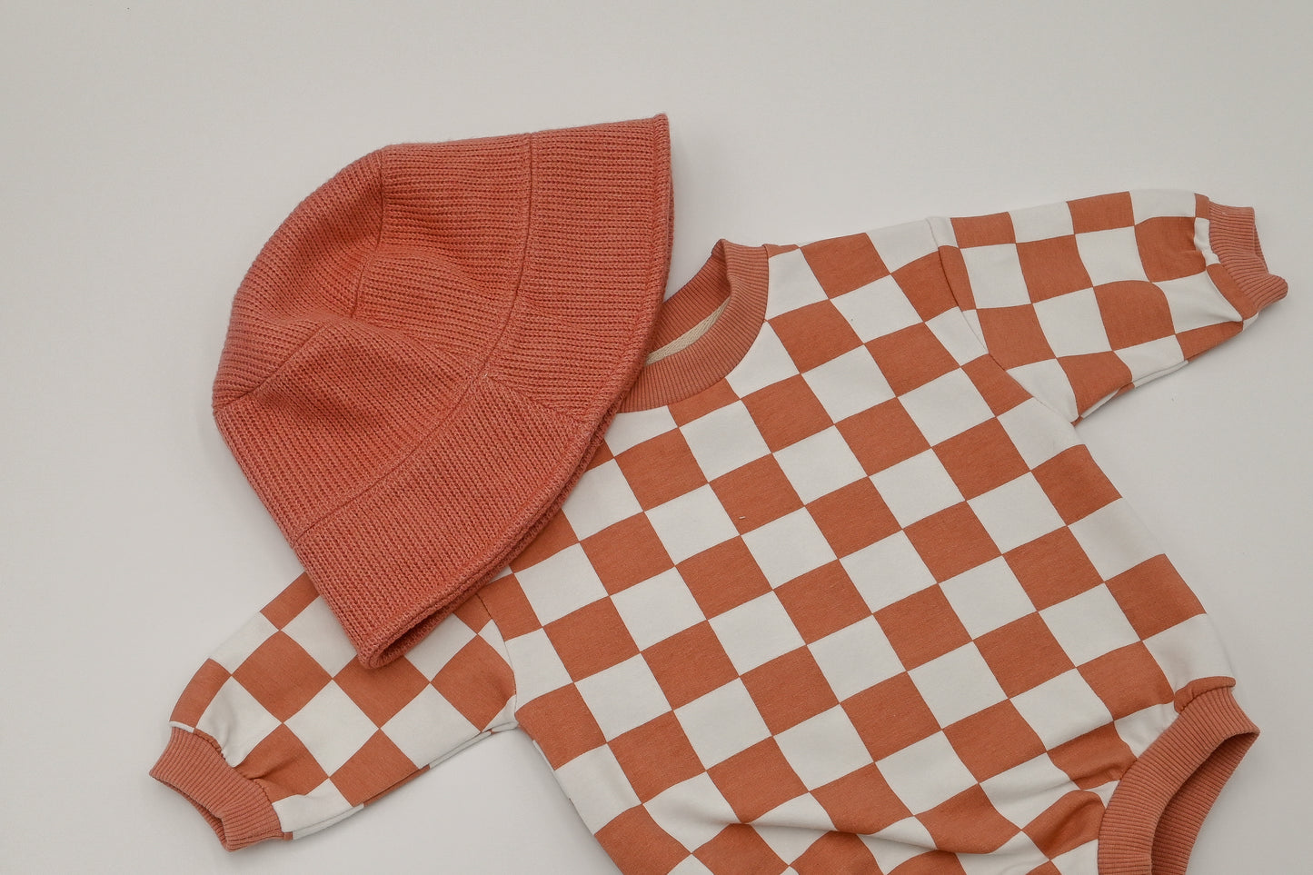 Organic Checkered Oversized Baby Bubble Romper - Sugar Coral